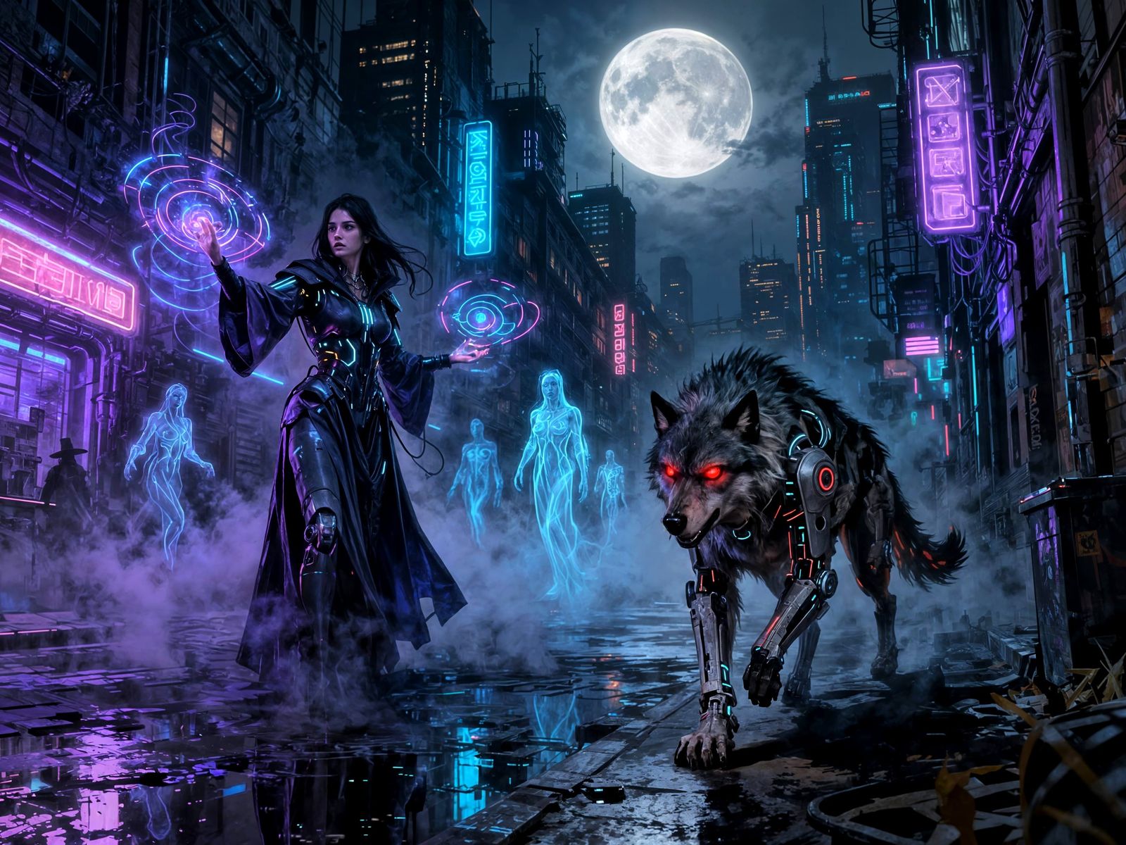 Cyberpunk Cityscape with Werewolves and Witches