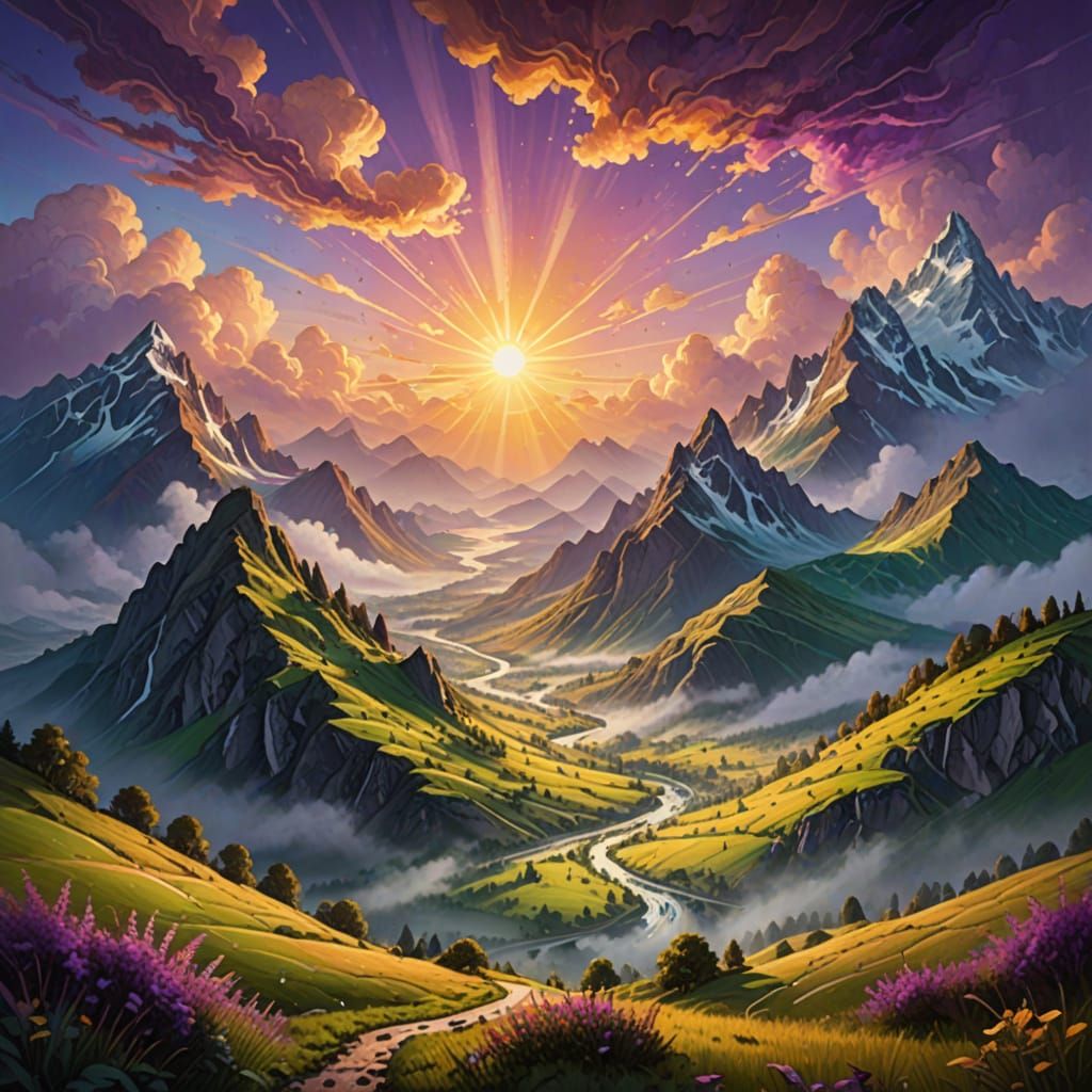 Morning dawn, psychedelic, painting.