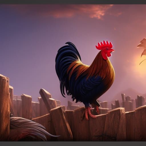 Rooster Crowing: Detailed Matte Painting in Deep Color