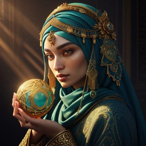 Central Asian Woman with Glowing Artifact in Golden Light