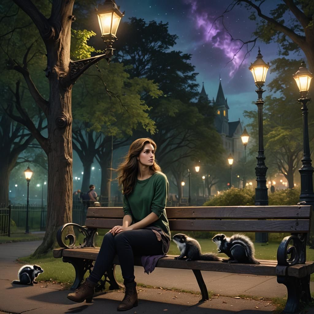 Fantasy Matte Painting: Woman with Skunks at Midnight