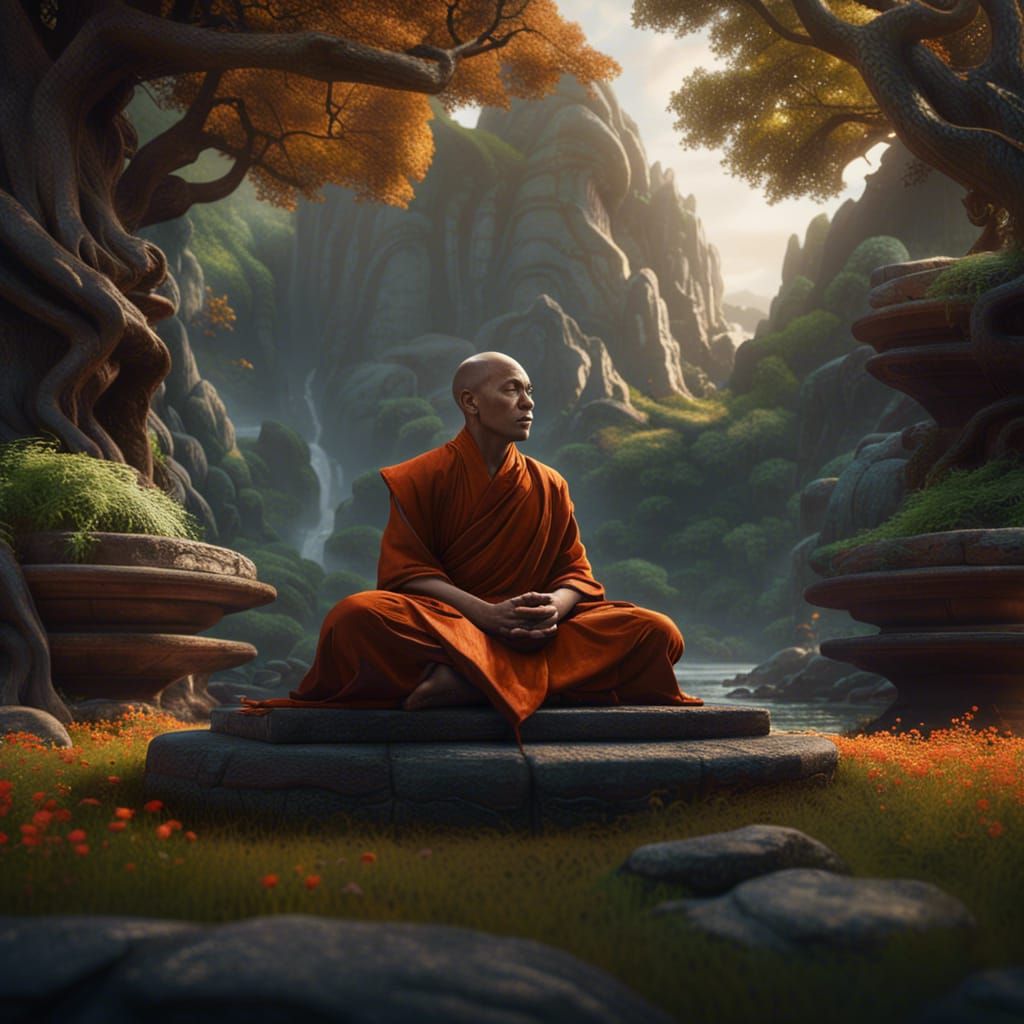 Monk Meditating in Nature: Detailed Matte Painting