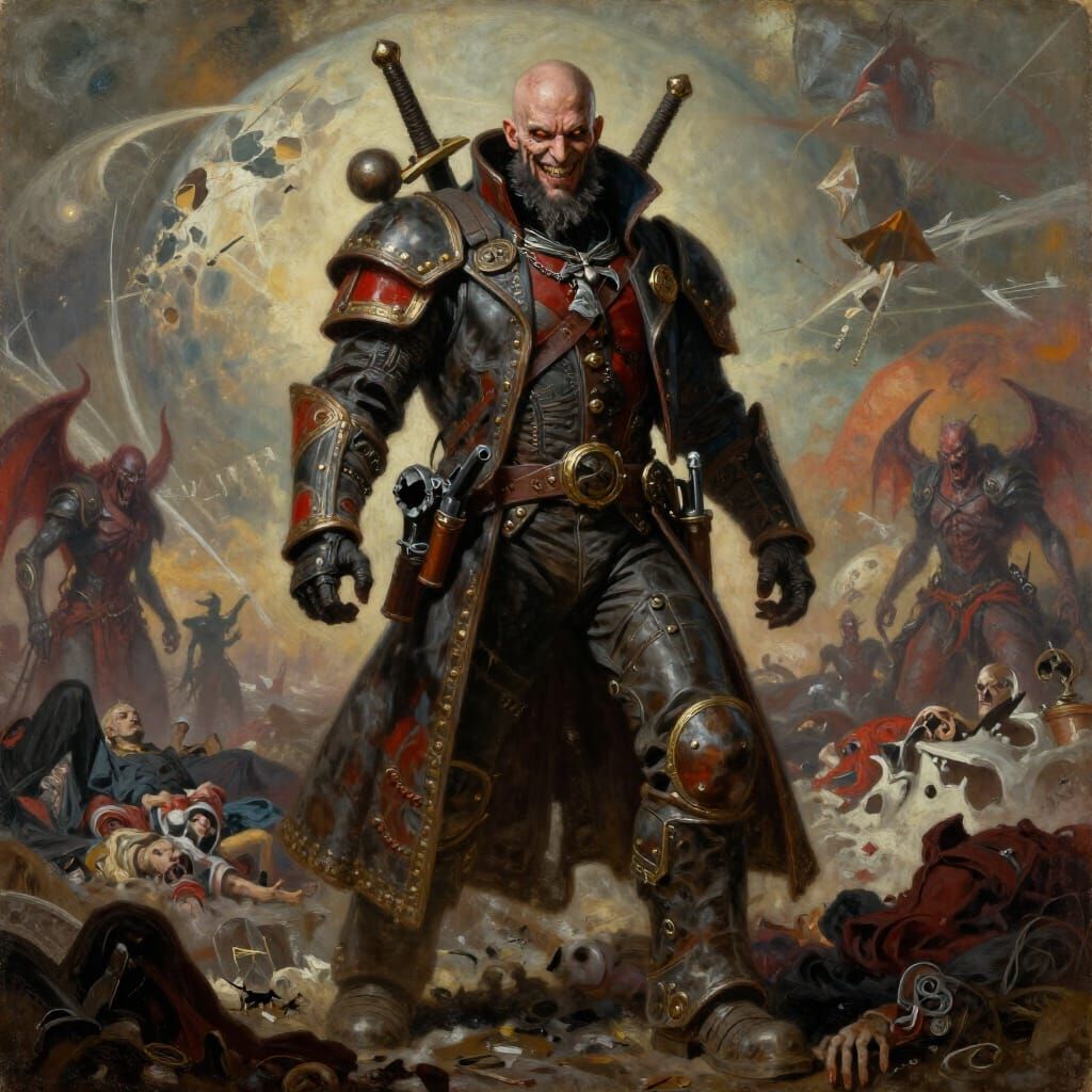 Gothic Rogue Trader in War-Torn Landscape as Surreal Oil Pai...