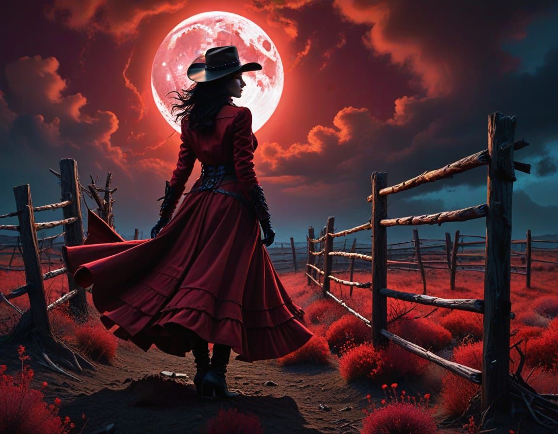 Rebellious Cowgirl in Crimson Dreamscape