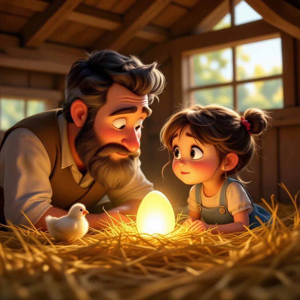 Girl Whispers Secrets in Sunlit Chicken Coop, Pixar Style