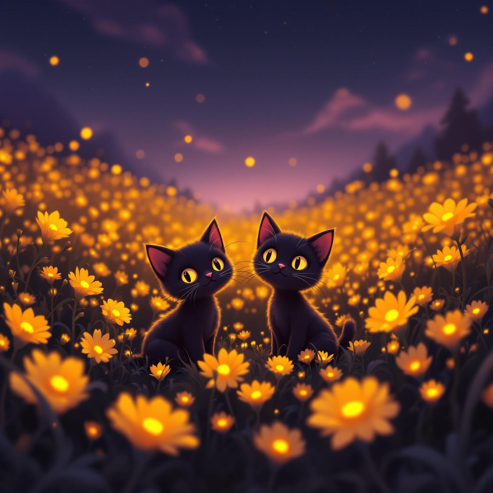 A kawaii digital illustration with pink gradient backgrounds blending dark yellow glowing and dark lighting at night.

t...