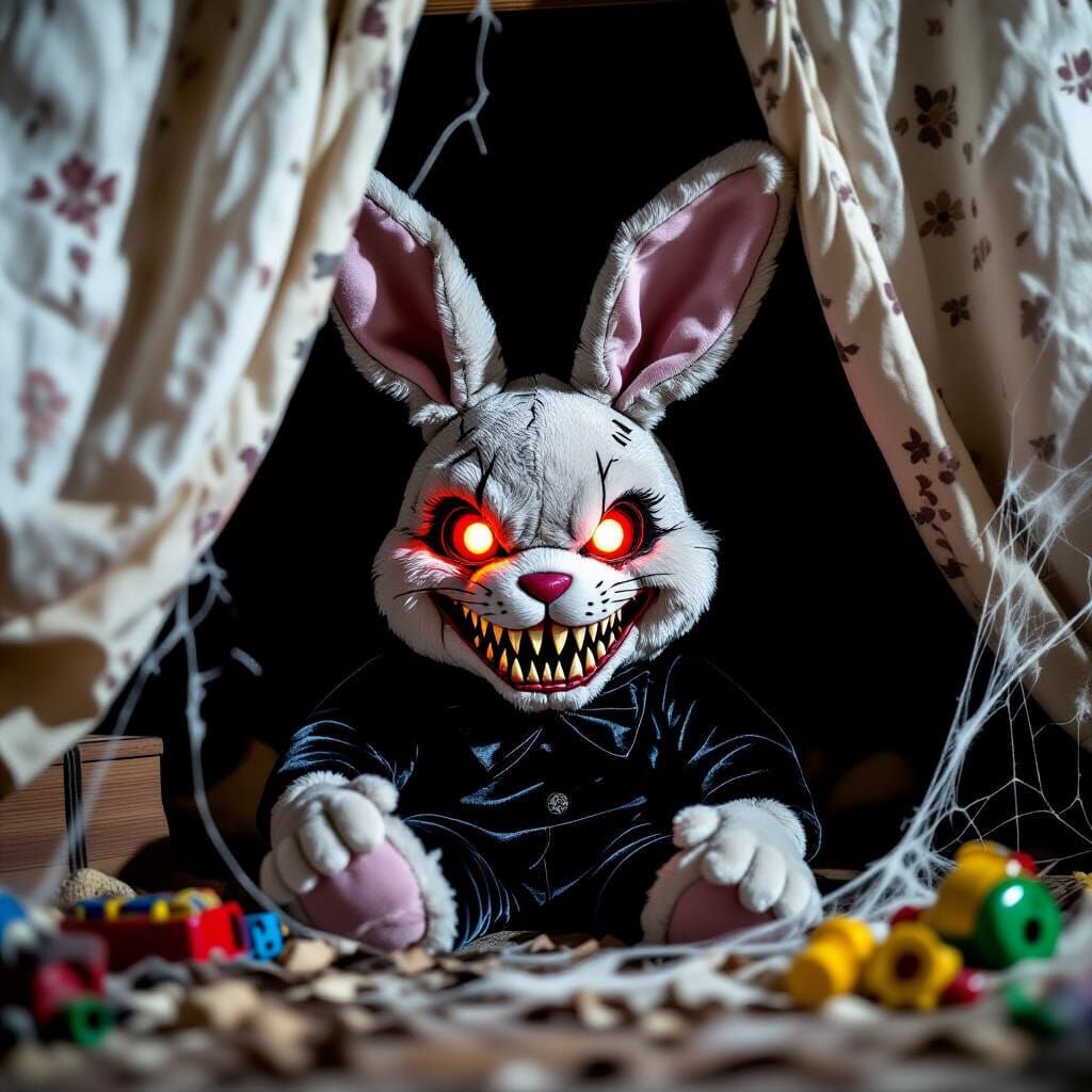 Sinister Stuffed Rabbit Hides Under Bed in Horror Style