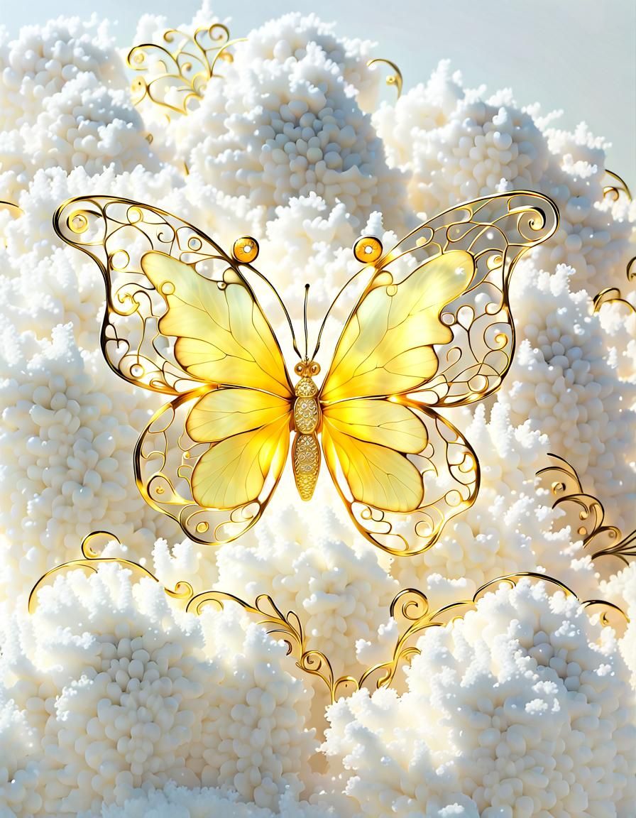 Crystallized Butterfly with Gold Filigree on Cloud