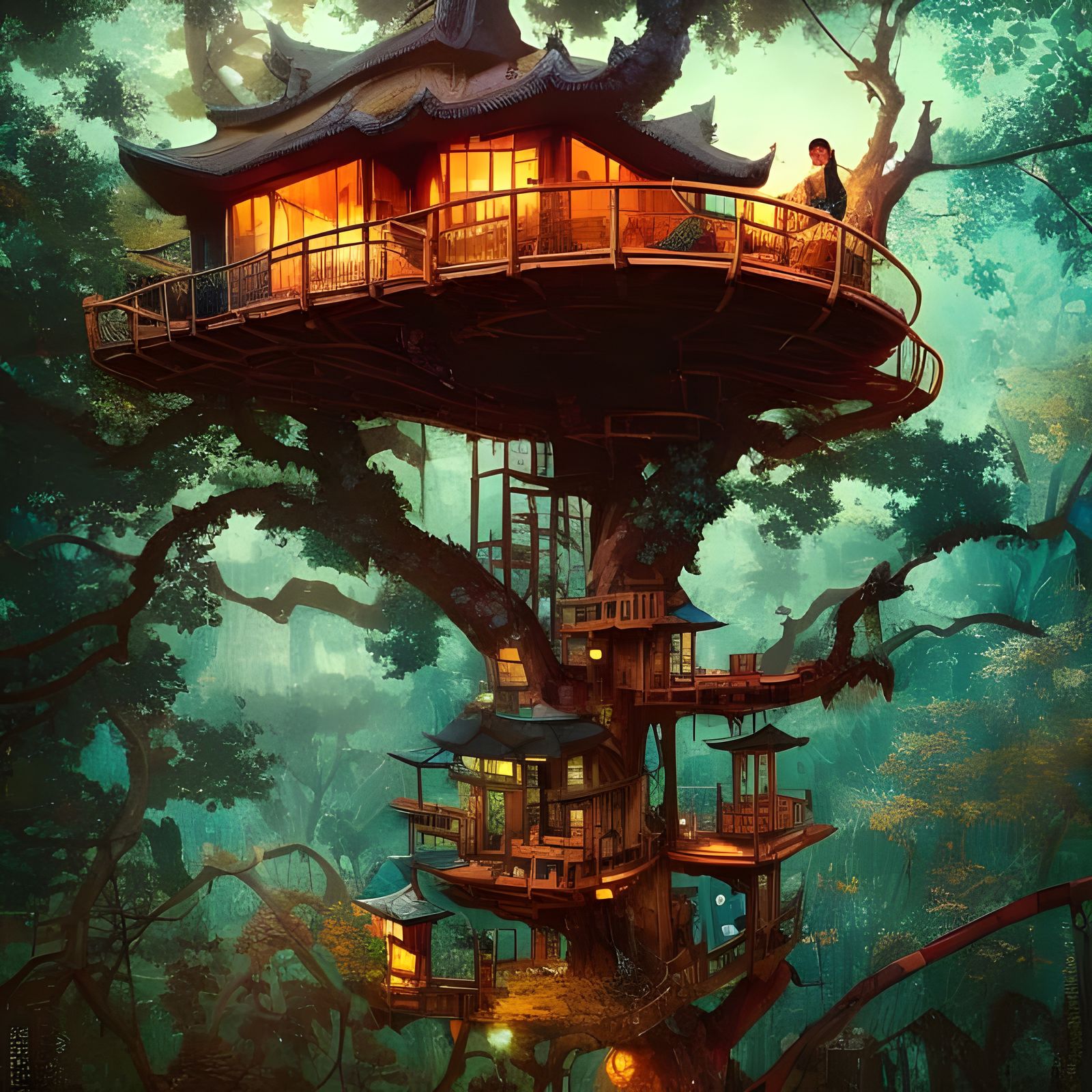Japanese Treehouse Photoillustration with Natural Lighting