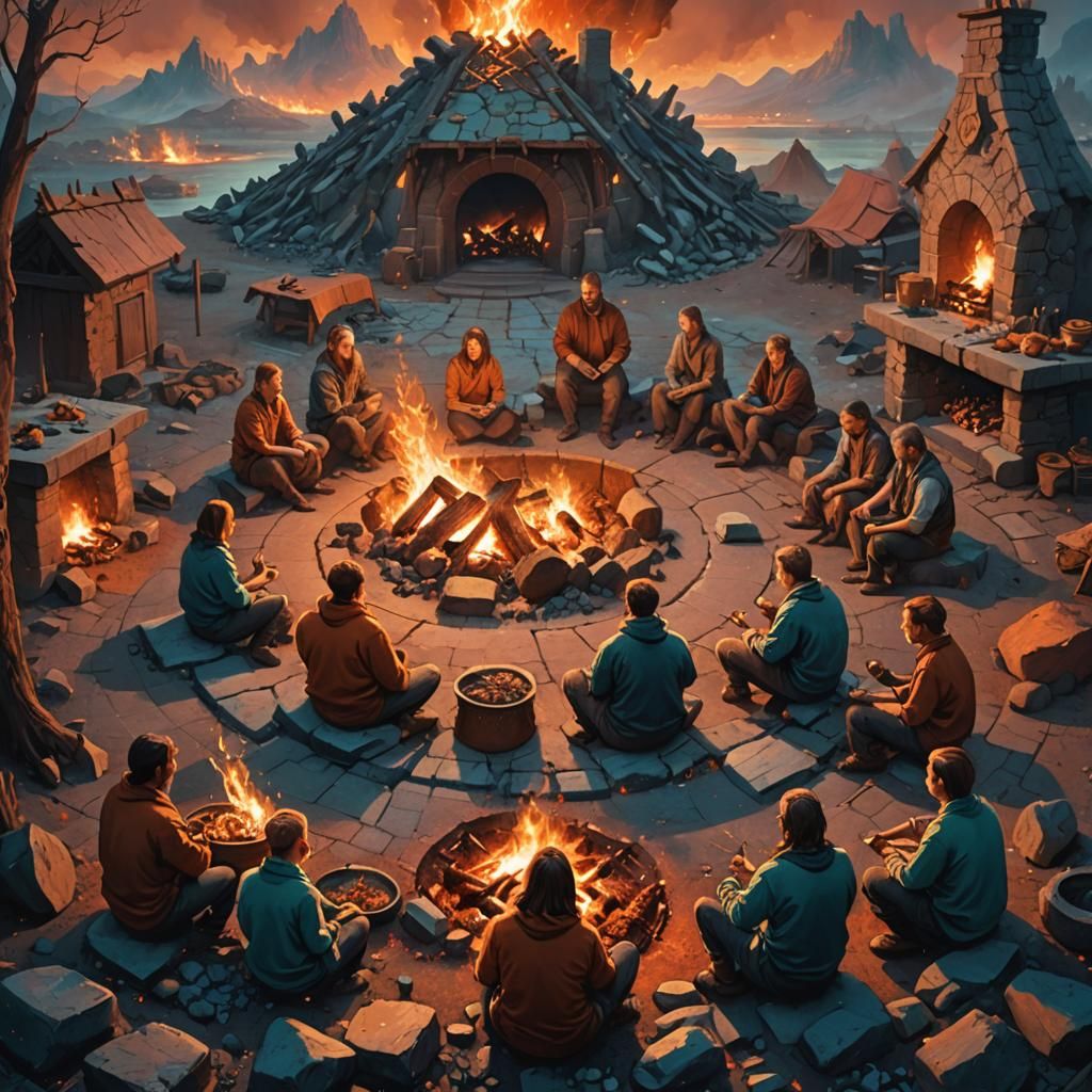 People Roasting Meat Around Fire in Fantasy Art Style
