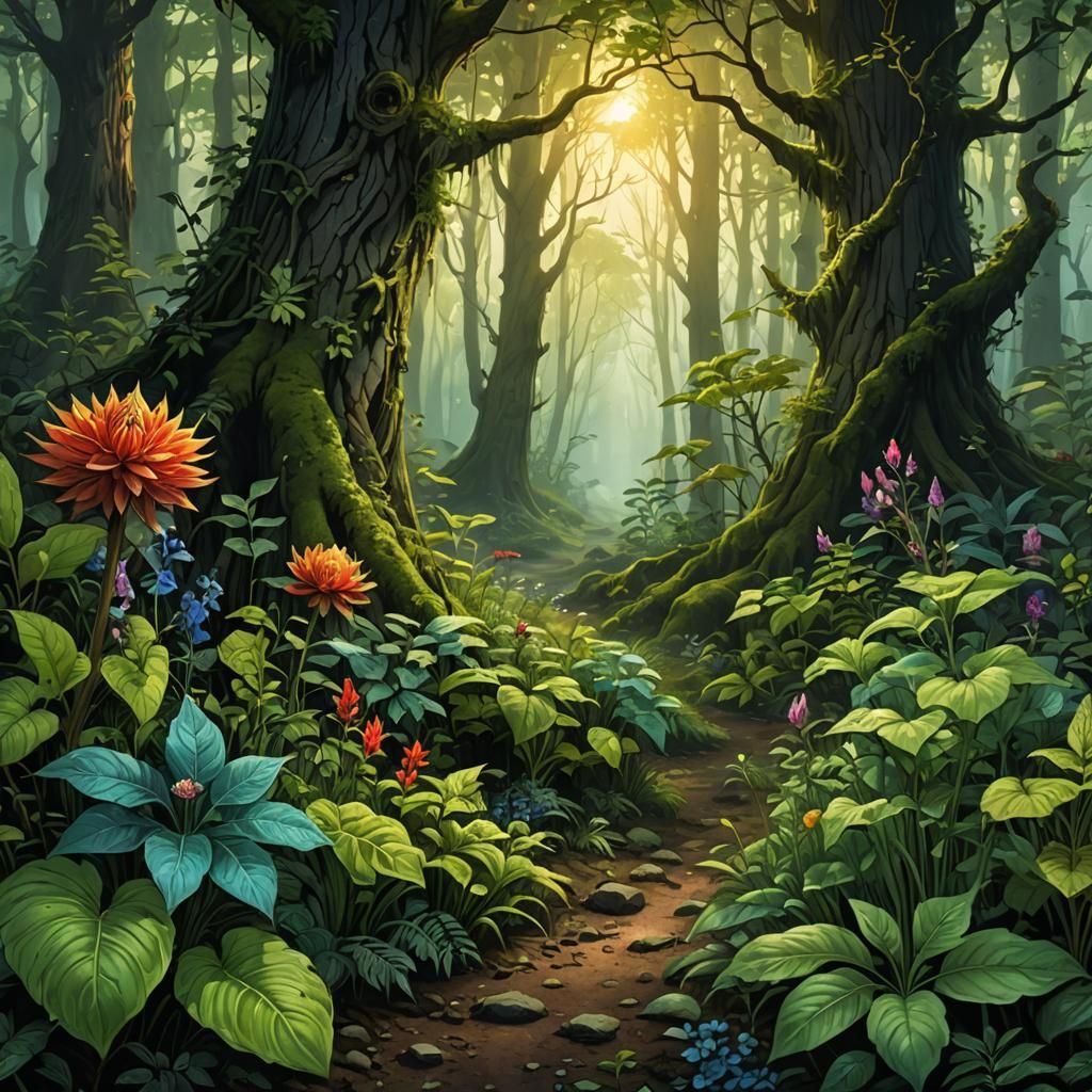 Mysterious Magical Plants in Dark Fantasy Forest