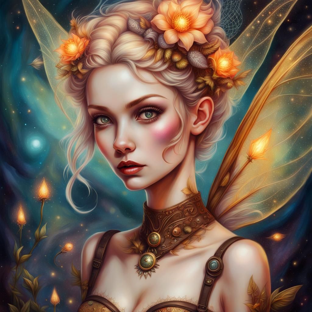 Steampunk Tinkerbell Devil Portrait in Mixed Media Style