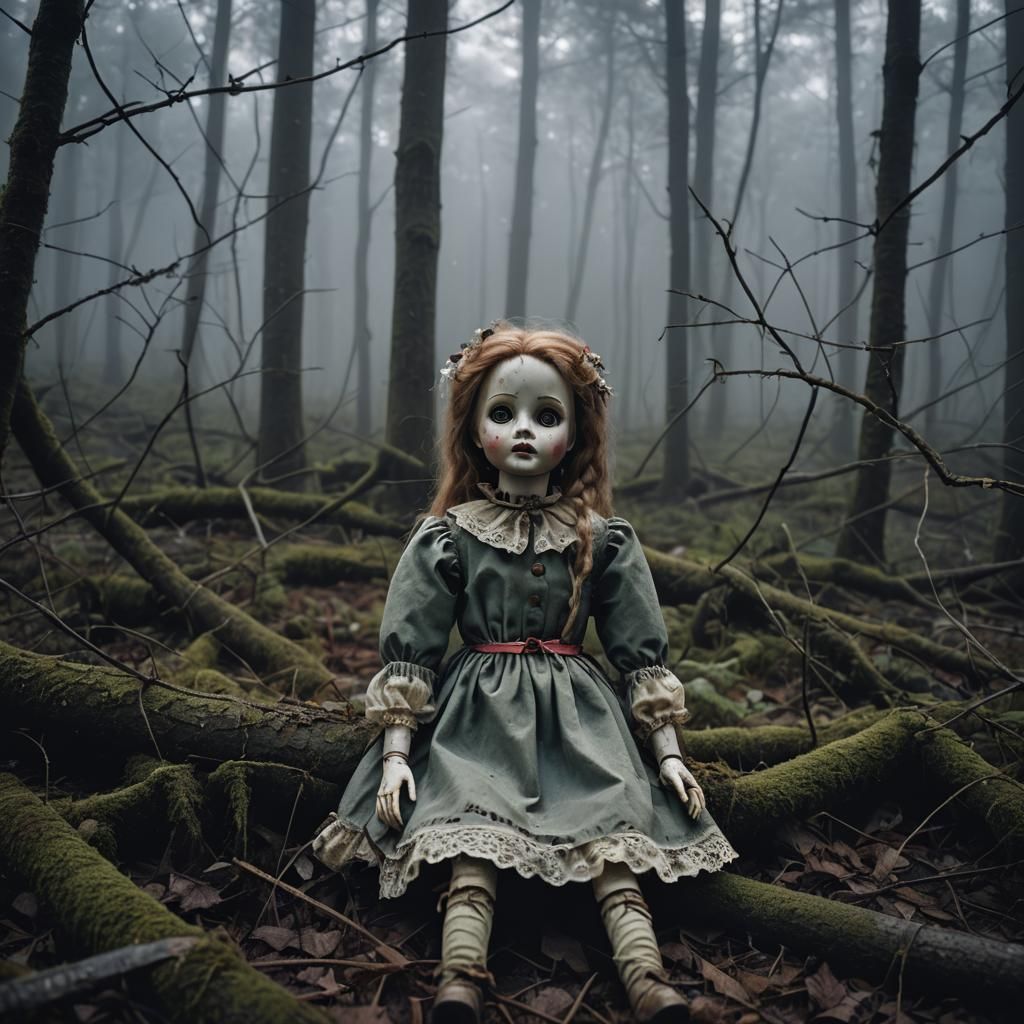 Broken Doll in Twilight's Foggy Forest