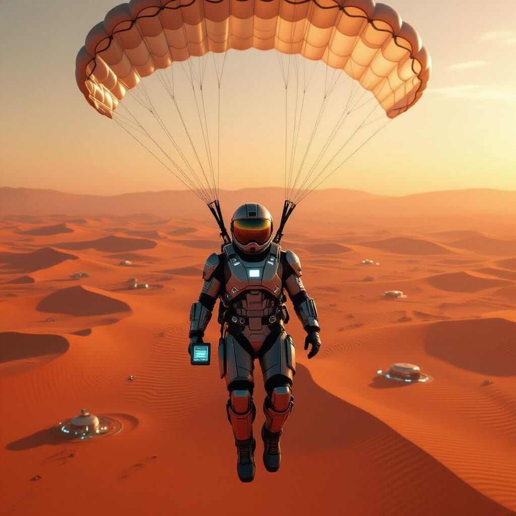 Futuristic Skydiver Descends Over Mars Landscape
