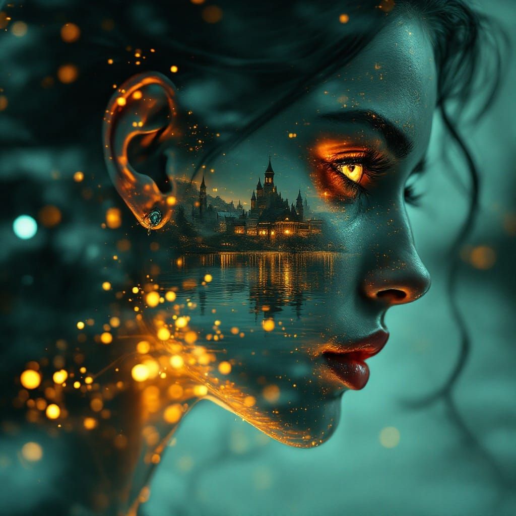 Double exposure photography; side profile portrait of a Mysterious Woman, Double expo...