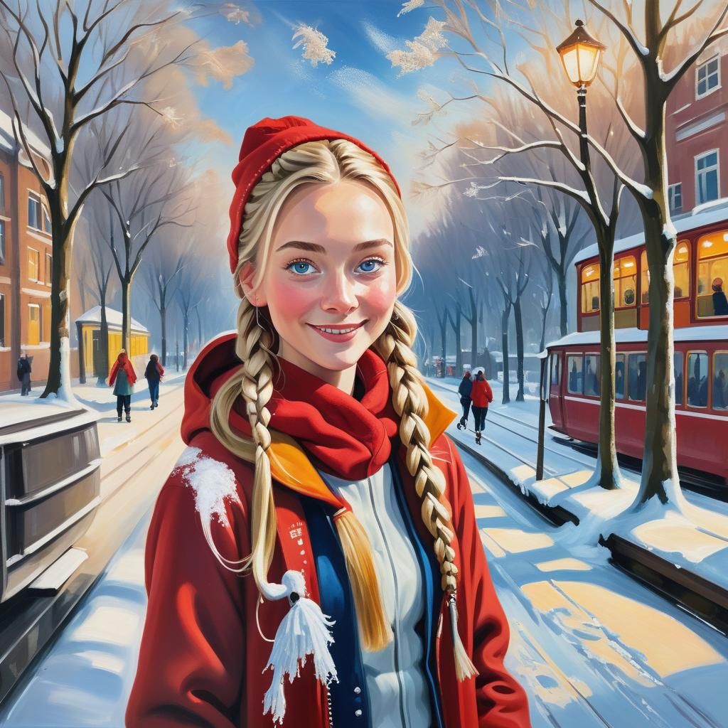 Whimsical Winter Scene with Dutch Girl in Red Coat