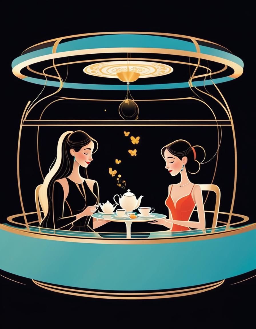 Charming Friends Enjoying Tea: Digital Illustration