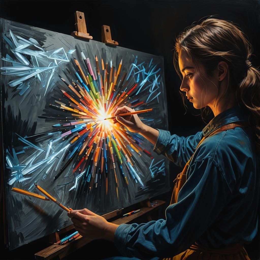 Girl Drawing: Luminous Flash of Creativity, Digital Art