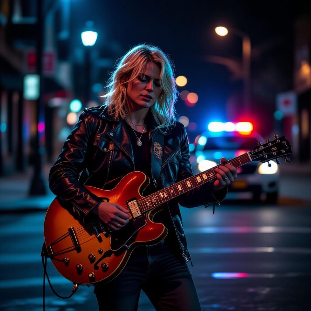 Blonde Guitarist Arrested on Neo-Noir Street Corner