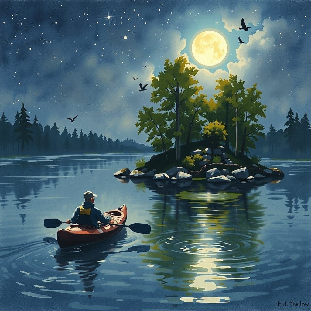 Kayaker on Starry Lake in Impressionistic Style