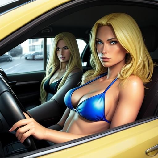 Blonde Bikini Model in Car, Comic Book Art