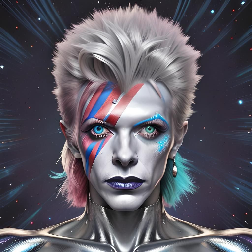 Hyperrealist Bowie Silver Clown in Liquid Metal Cosmos