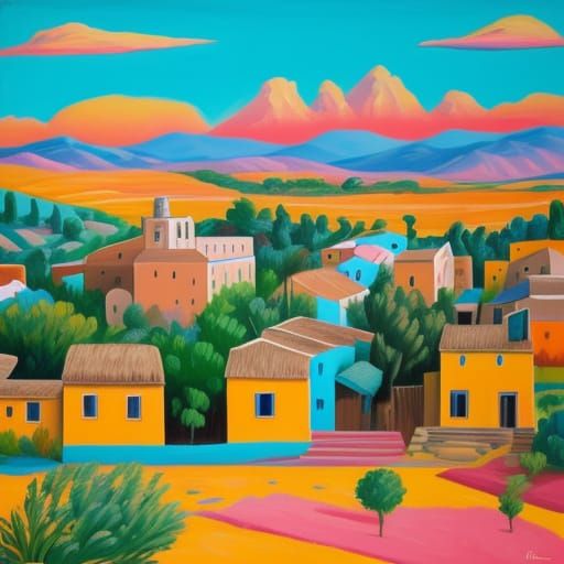 Expressionist Mexican Village Oil Painting
