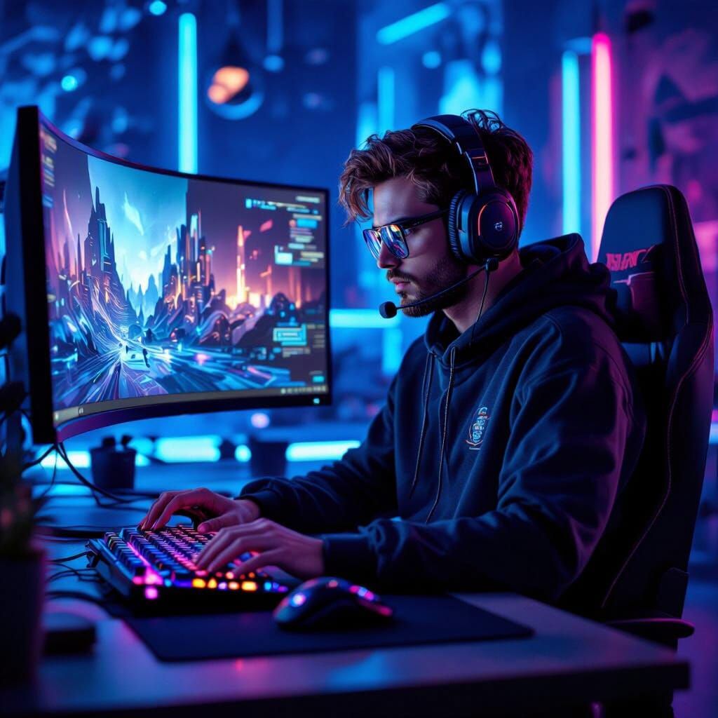 Futuristic Gamer Setup in Neon Lit Room