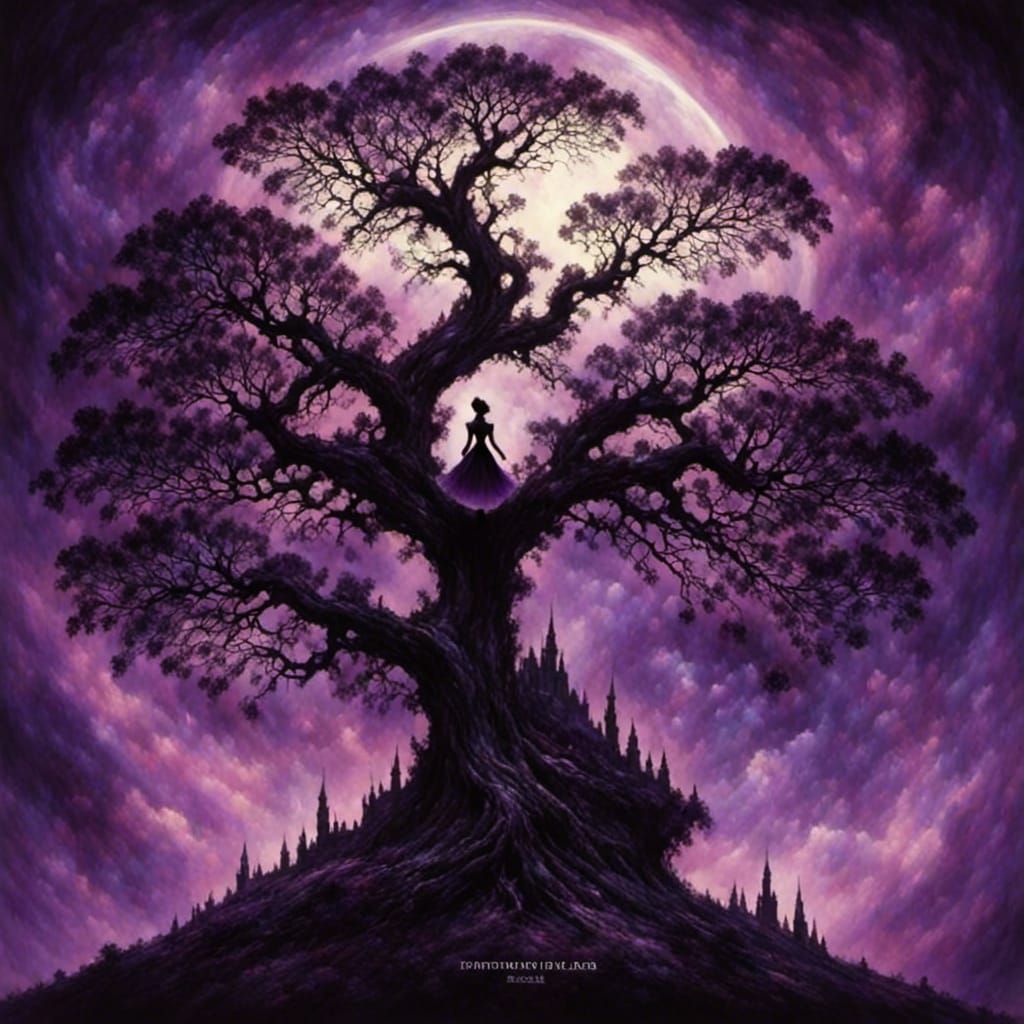 Mystical Witch Dancing Under Silhouette Tree at Night