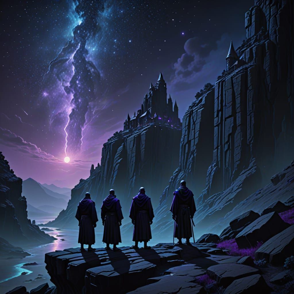 Obsidian Monks Contemplate Starscape in Gothic Dark Fantasy