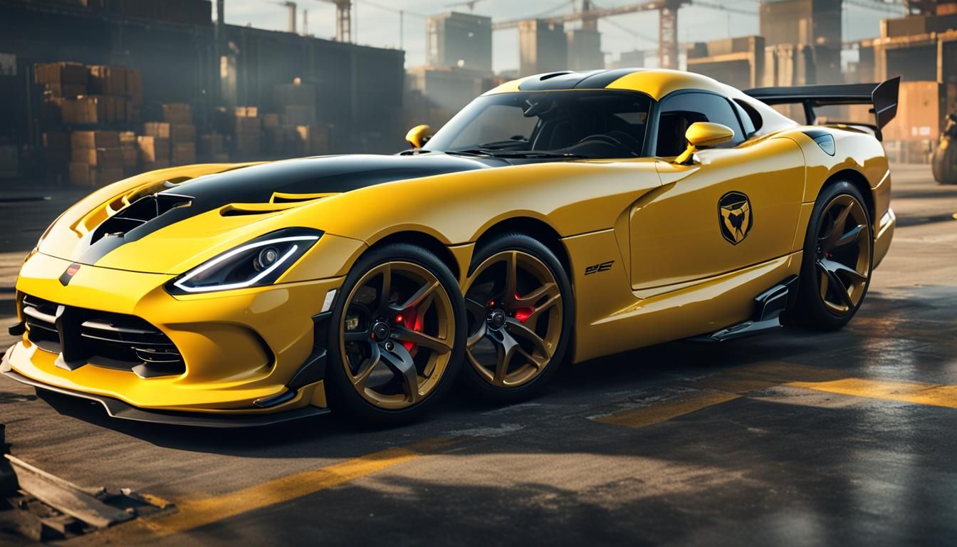 A Yellow Dodge Viper ACR transforms in a Robot known as Bumble Bee from the Transformers