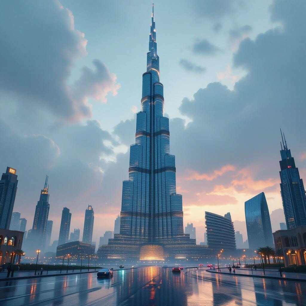 Melting Burj Khalifa in Futuristic Neon Cityscape