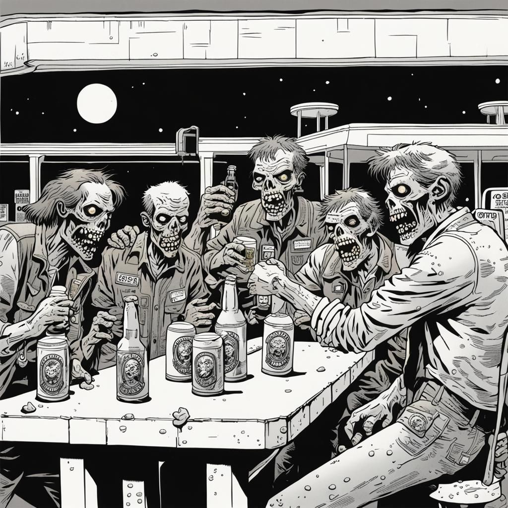 Zombies Drinking Beer at Gas Station, Comic Art
