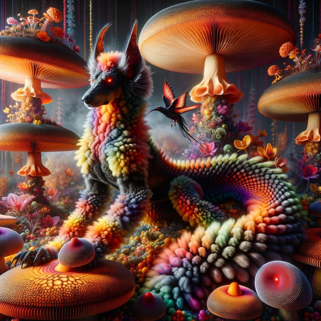 Dragon-Doberman Cloud Hybrid in a Mushroom Landscape