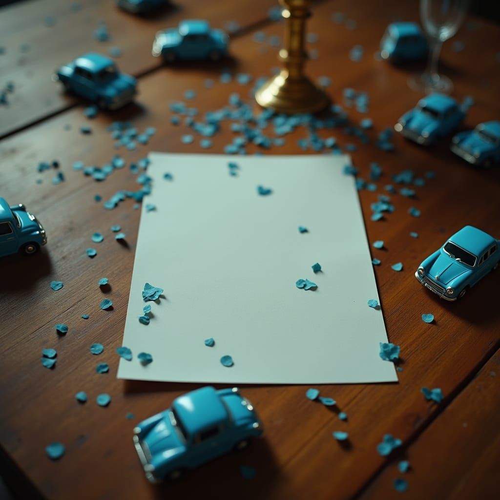 Blank Invitation Surrounded by Confetti: Cinematic Film Stil...