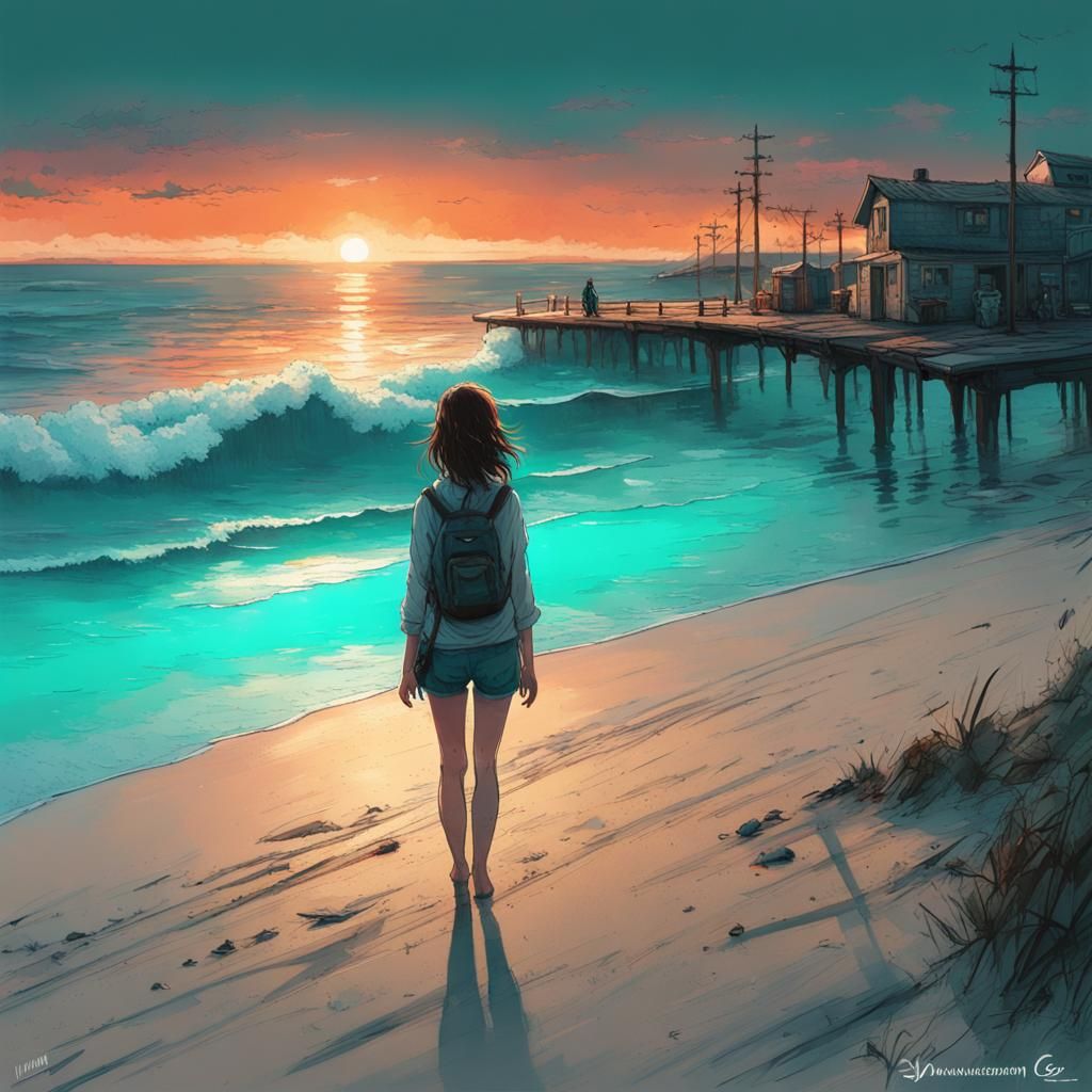 Beach Sunset Digital Art in Vibrant Colors