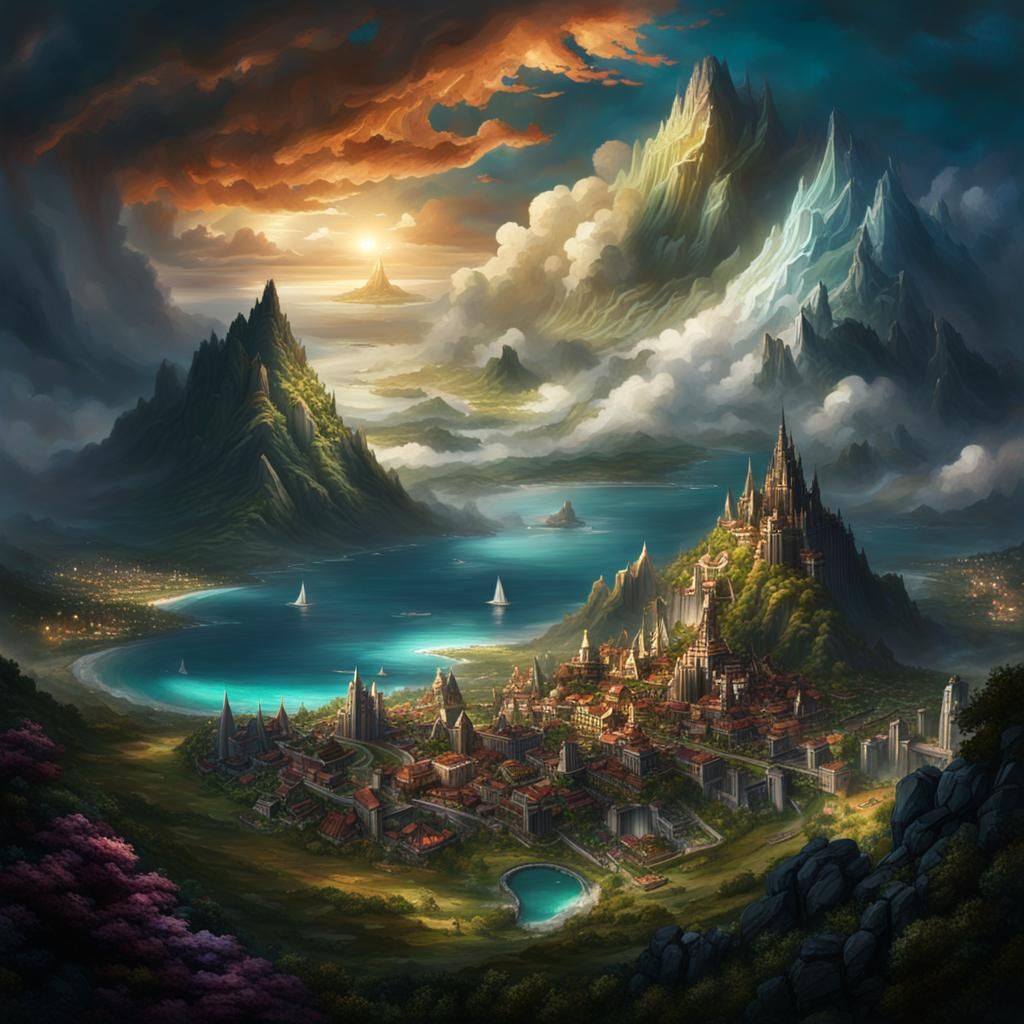 Fantasy City Landscape with Stormy Mountain