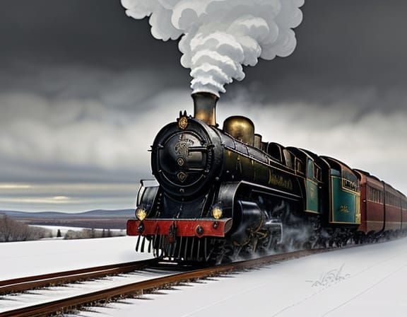 Art Deco Steam Train in Surreal Snowy Landscape