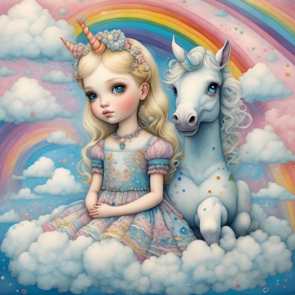 Girl and Unicorn on Rainbow in Pastel Colors