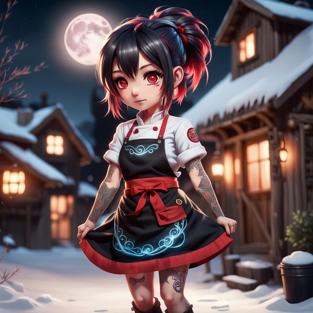 Chibi Anime Chef with Bioluminescent Tattoos