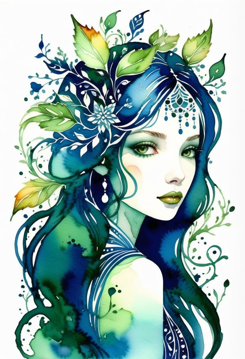 Magical Dryad in Forest, Watercolor and Ink Art