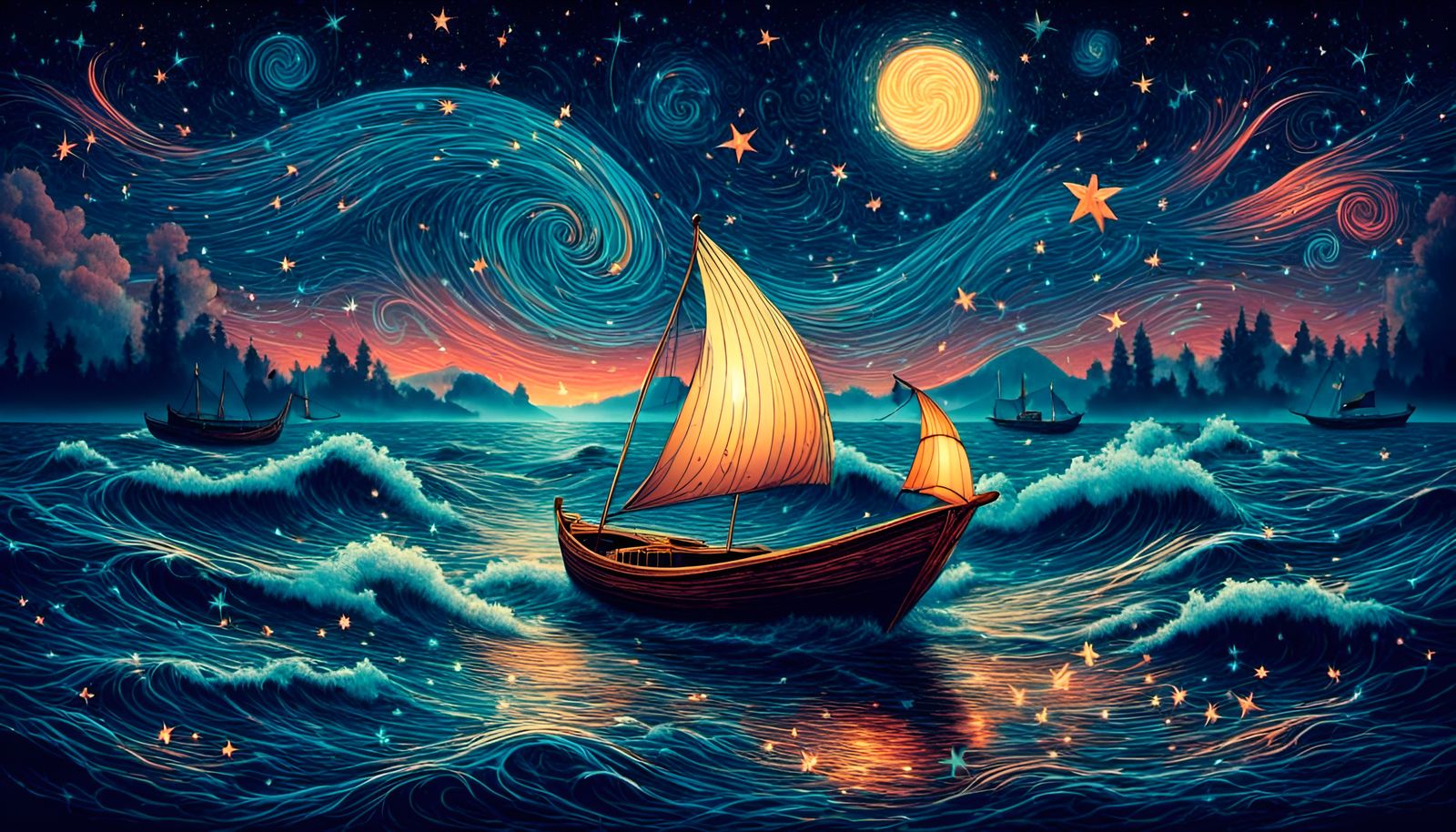 Boats and Starry Night Sky Over Water