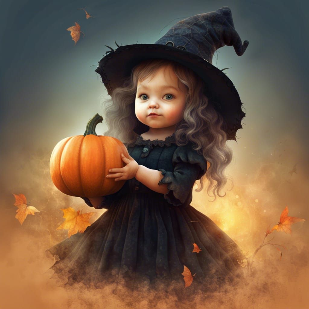 Toddler Witch with Pumpkin, Jean-Baptiste Monge Style