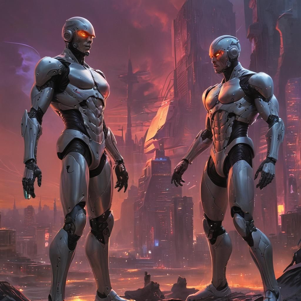 Art by Boris Vallejo, futuristic cityscape, two gay men, cyb...