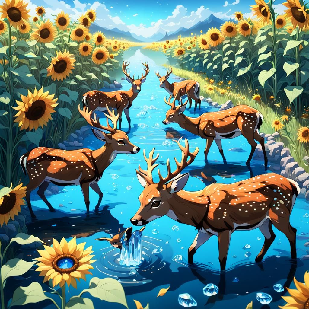 Deer at Sparkling Stream in Anime Style