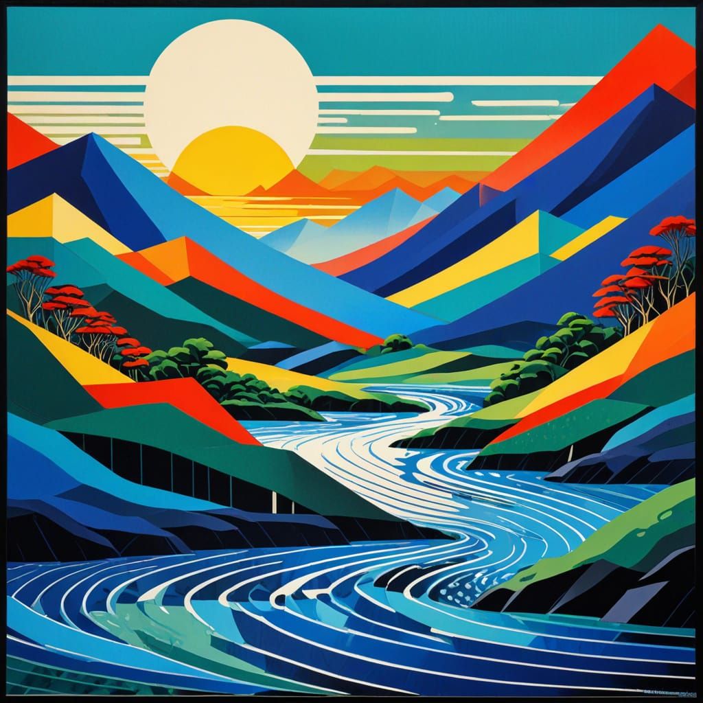 Suruga Bay Geometric Abstraction in Woodblock Print Style