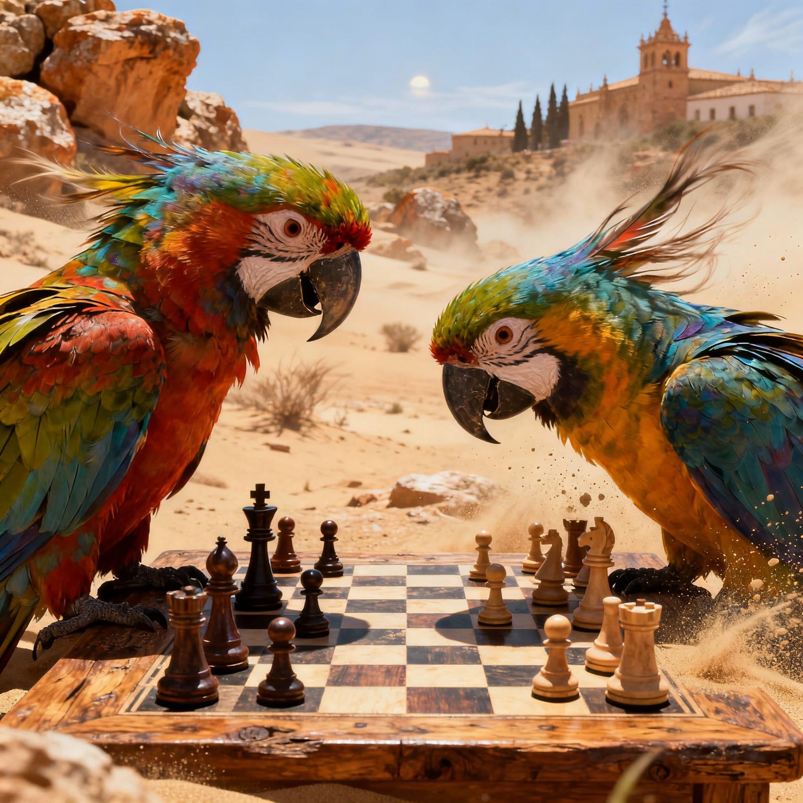 Two Parrots Play Chess in Hot, Dry Spain - Hyperrealistic Sp...