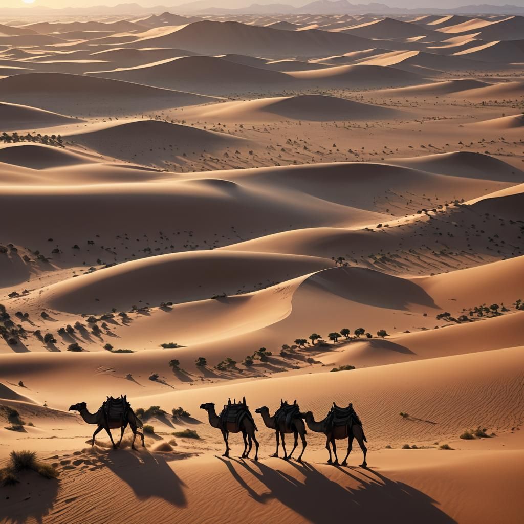 Desert Caravan at Sunset: A Digital Painting