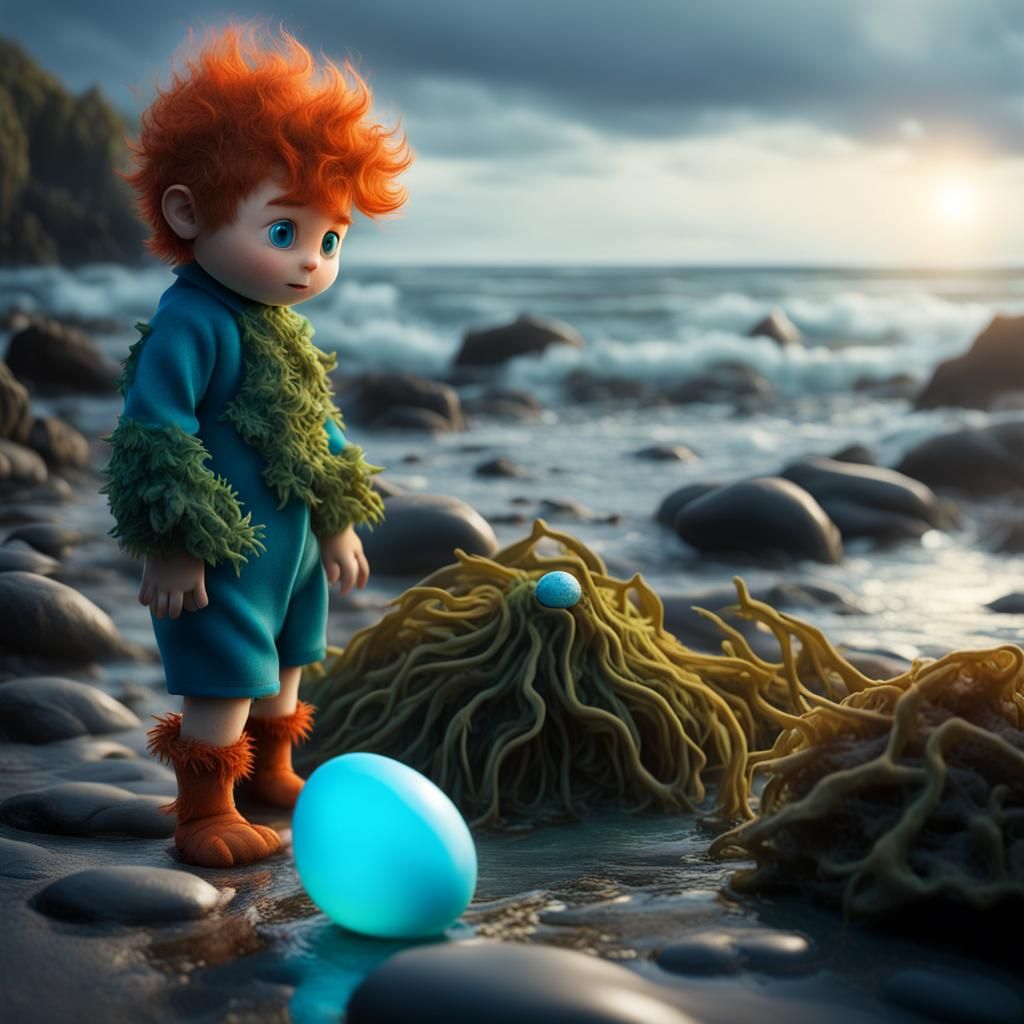 Boy with Glowing Egg on Rocky Beach
