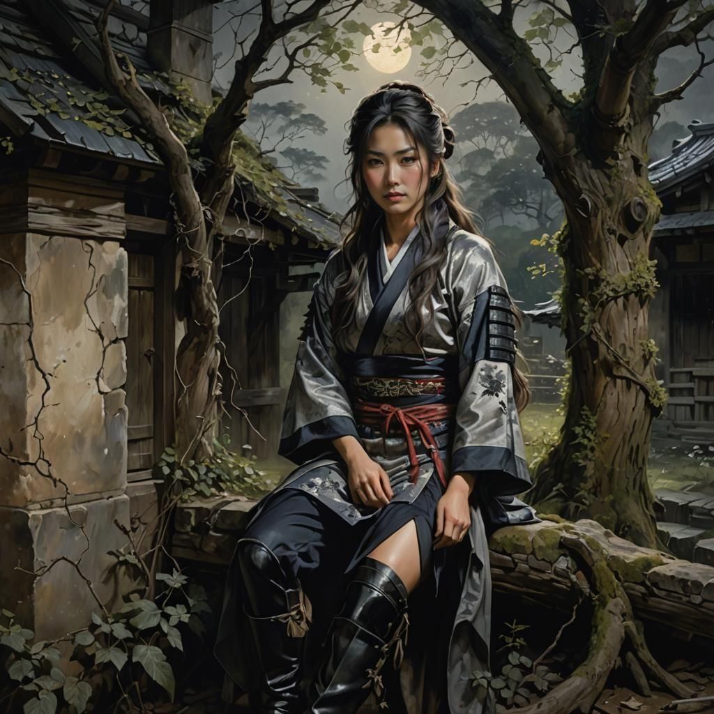 Kunoichi in Ruins: Chiaroscuro Oil Painting